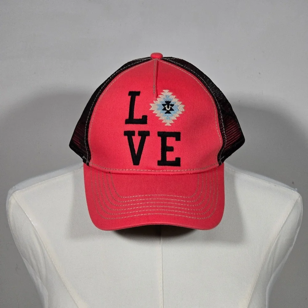 True Religion LOVE Trucker Hat Unisex Red Pink Black Mesh Embroidered Strapback